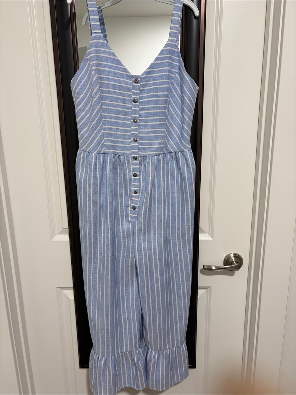 orange creek Blue and White Striped Sleeveless Button-Front Jumpsuit
